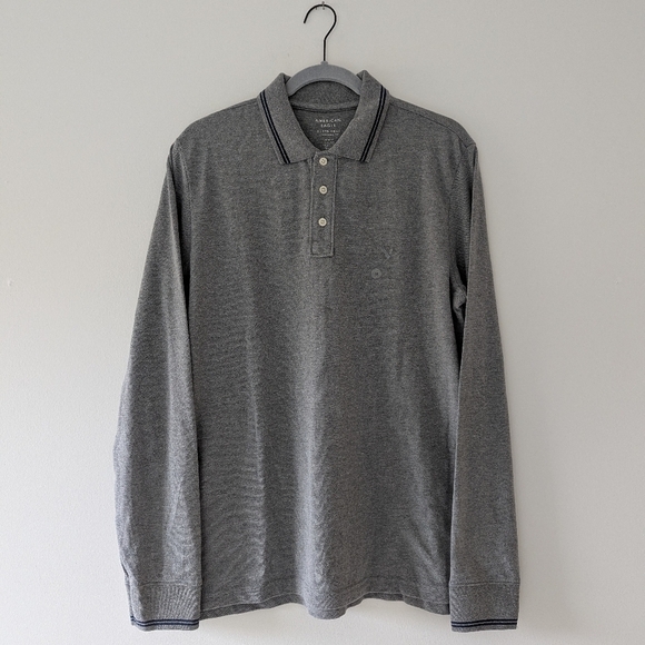 NWT American Eagle Long-Sleeve Polo Shirt Super Soft Standard Fit Grey - Picture 5 of 15